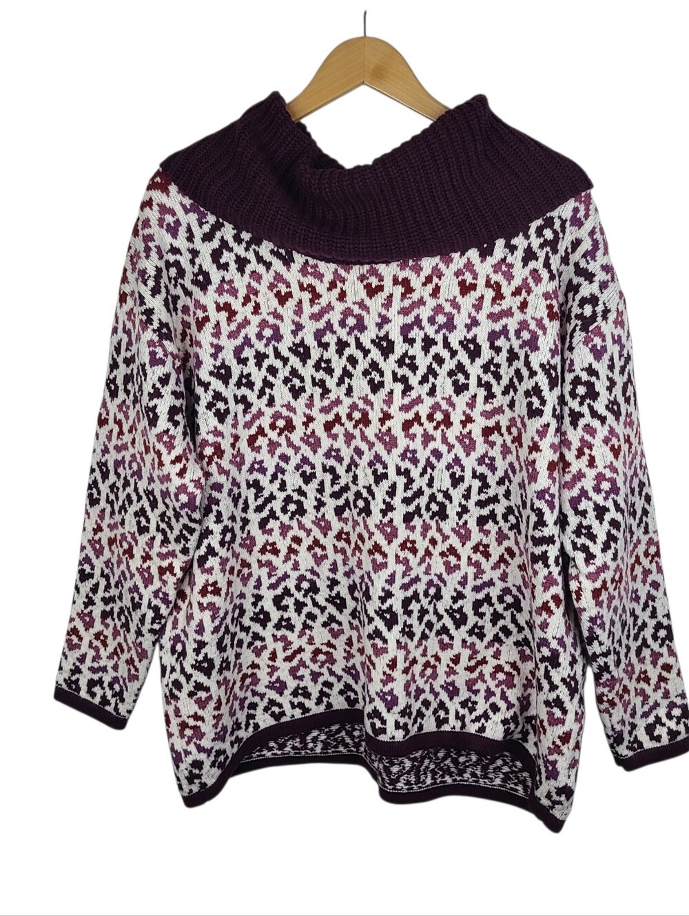 Lands' End Lofty Burgundy, Purple & White Cowl Neck Animal-Print Sweater Size 1X